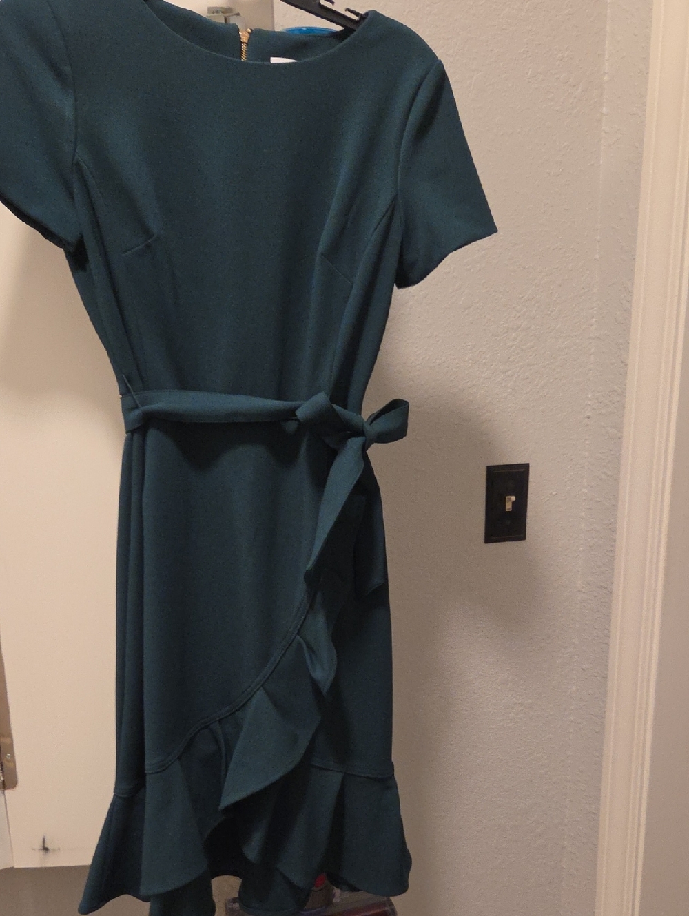 Womens Calvin Klein Teal Midi Dress with Waist Tie and Ruffle Hem